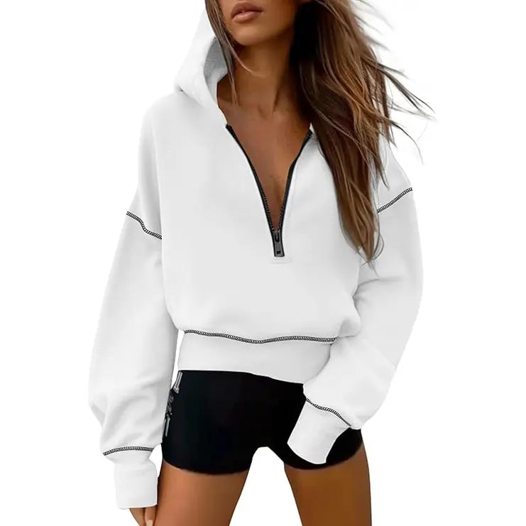 GRETEL | Stylish Hooded Sweatshirt with Zipper & Stitching Detail for Cropped Pullover