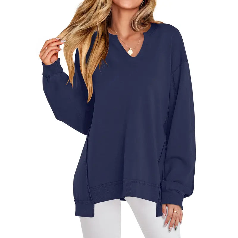GENEVA | Casual V-Neck Oversized Sweatshirt Lightweight Long Sleeve