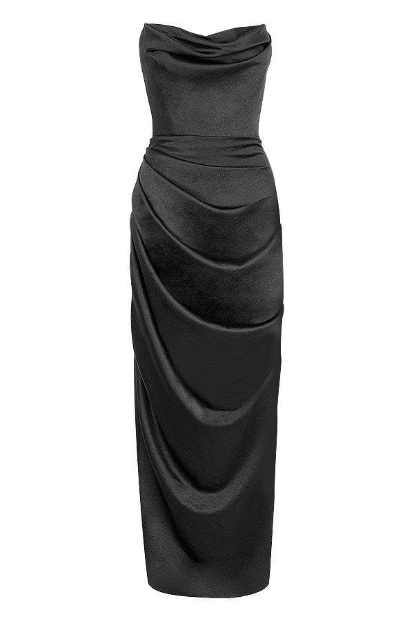 ADRIENNE | Black Satin Corset Maxi Dress