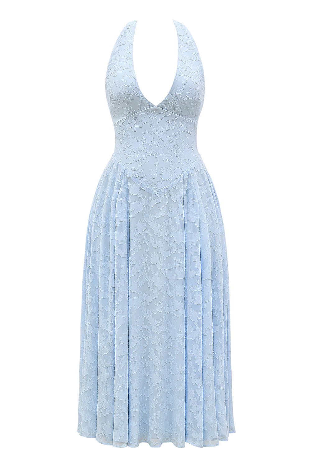 ARIETTA | Blue Jacquard Halter Midi Dress