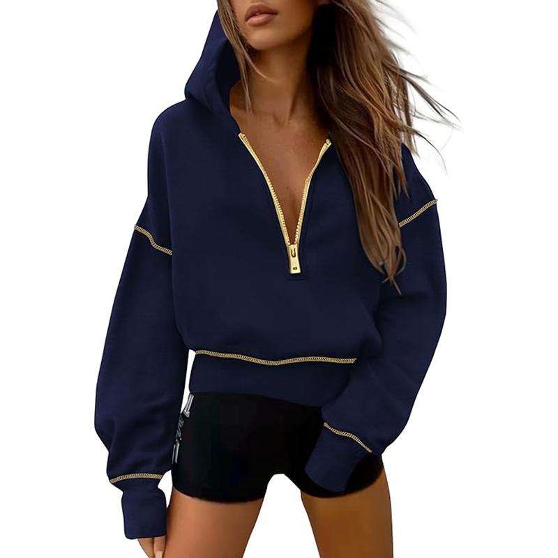 GRETEL | Stylish Hooded Sweatshirt with Zipper & Stitching Detail for Cropped Pullover
