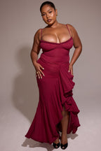 GABBI | Wine Ruffle Front Maxi Gown