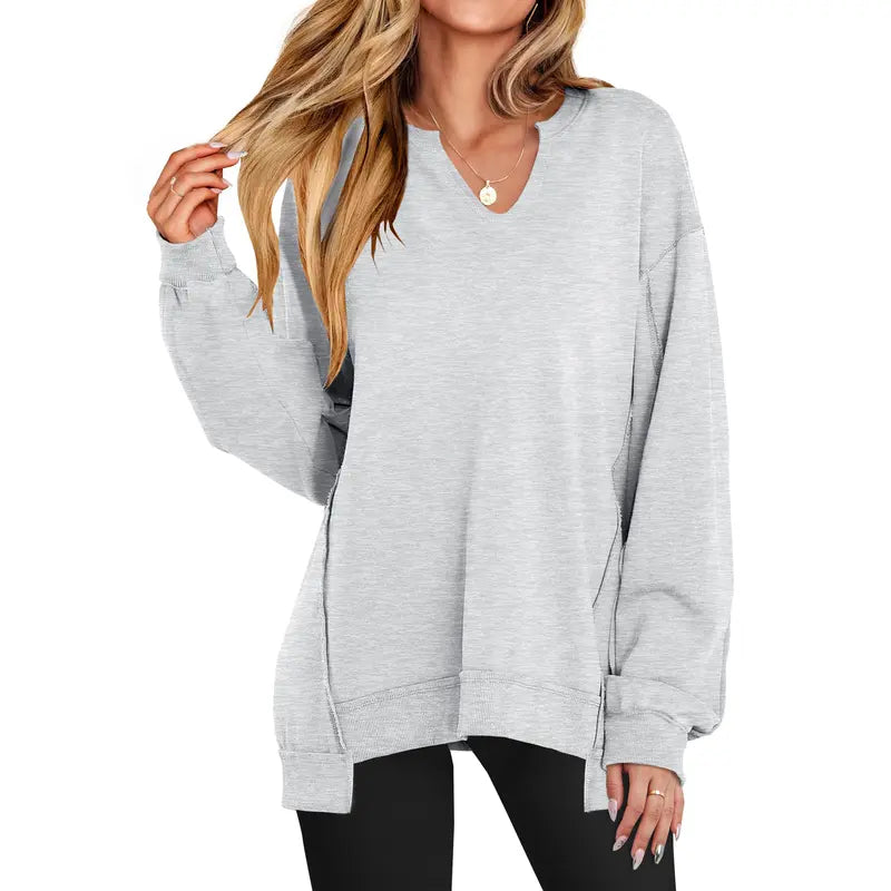 GENEVA | Casual V-Neck Oversized Sweatshirt Lightweight Long Sleeve