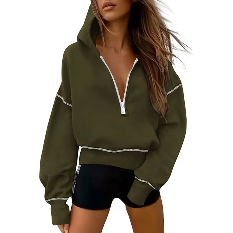 GRETEL | Stylish Hooded Sweatshirt with Zipper & Stitching Detail for Cropped Pullover