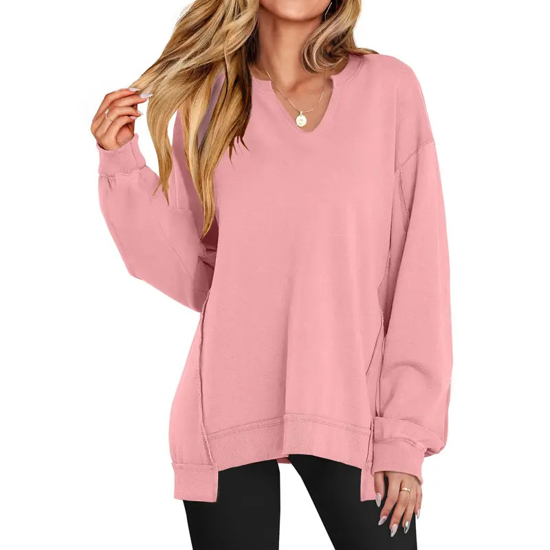 GENEVA | Casual V-Neck Oversized Sweatshirt Lightweight Long Sleeve