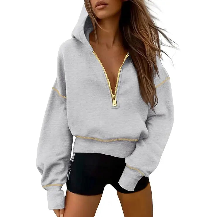 GRETEL | Stylish Hooded Sweatshirt with Zipper & Stitching Detail for Cropped Pullover