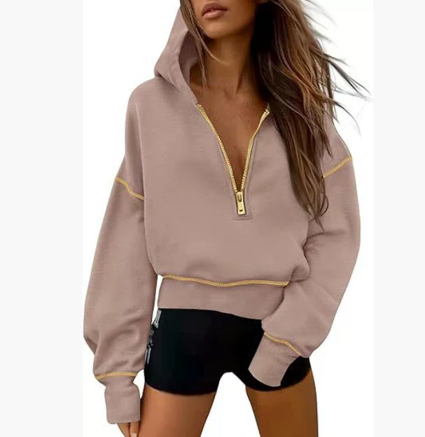 GRETEL | Stylish Hooded Sweatshirt with Zipper & Stitching Detail for Cropped Pullover