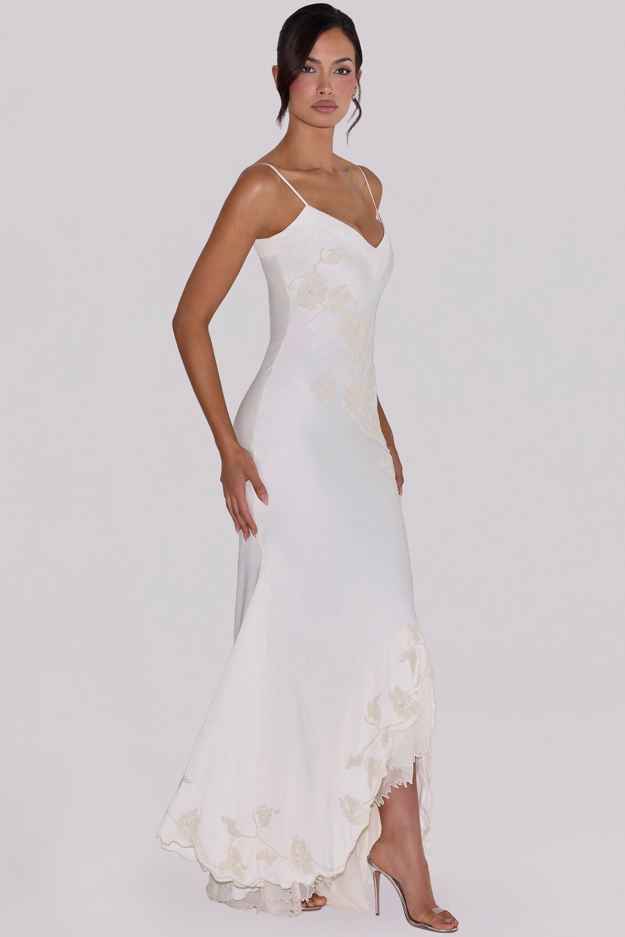 ANASTELLE | Ivory Hand Beaded Satin Maxi Dress