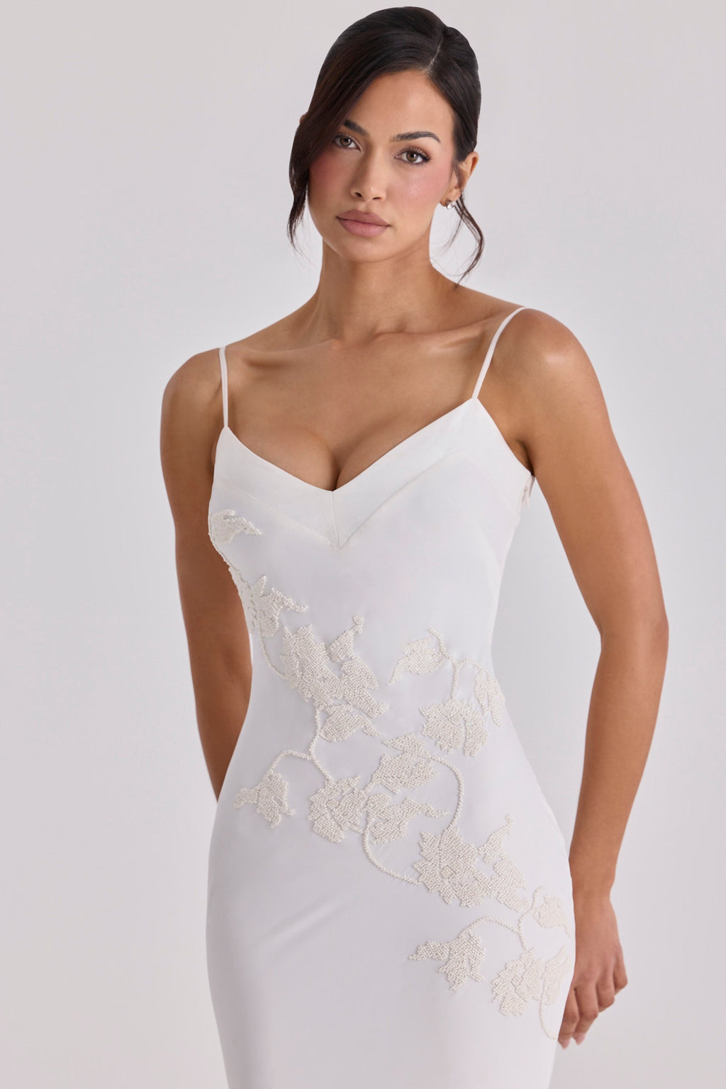 ANASTELLE | Ivory Hand Beaded Satin Maxi Dress