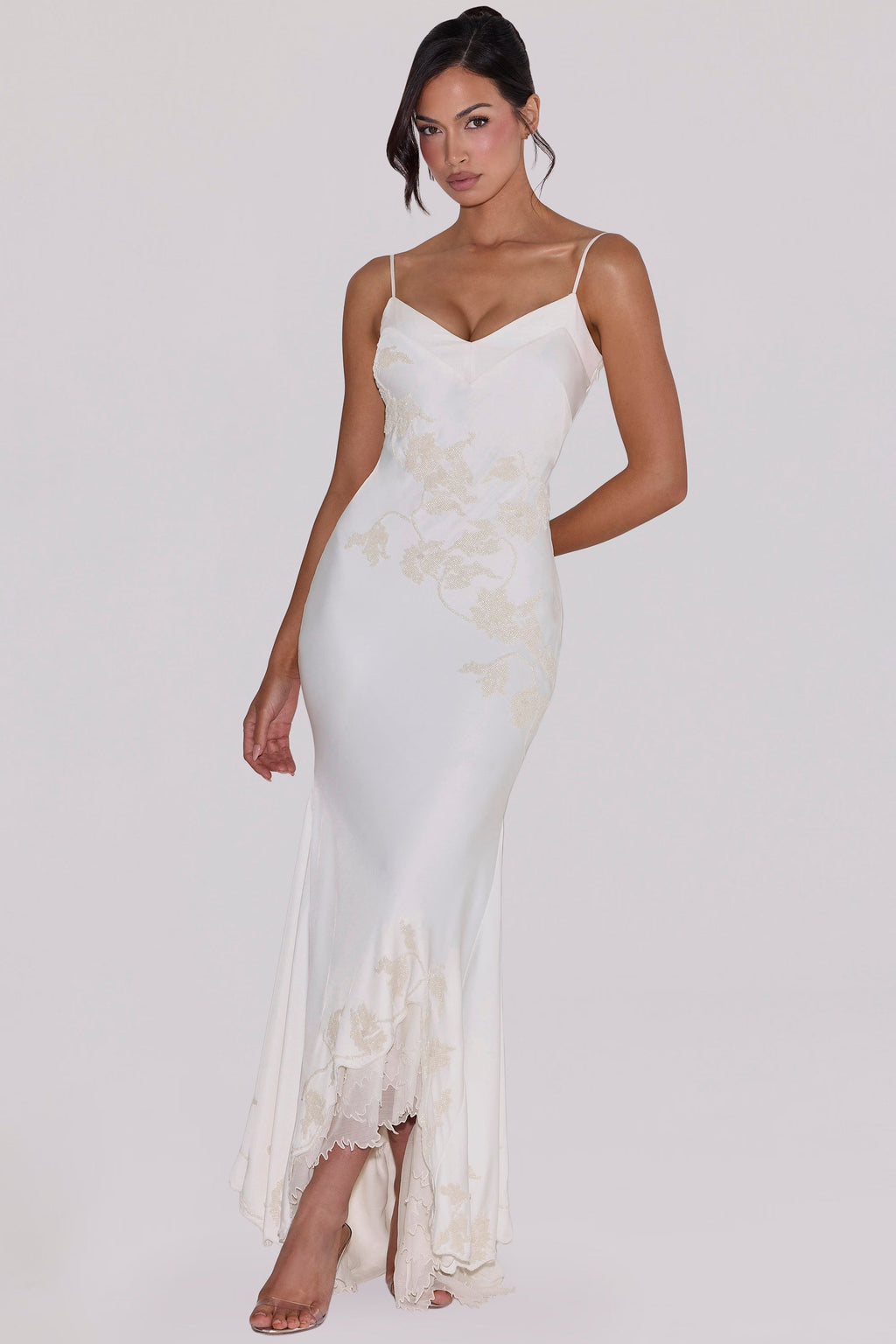 ANASTELLE | Ivory Hand Beaded Satin Maxi Dress