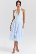 ARIETTA | Blue Jacquard Halter Midi Dress