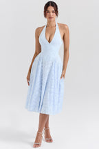 ARIETTA | Blue Jacquard Halter Midi Dress