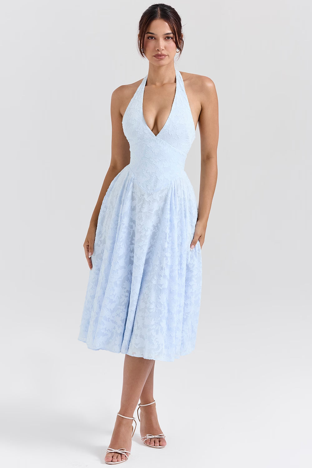 ARIETTA | Blue Jacquard Halter Midi Dress