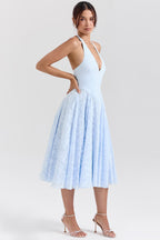 ARIETTA | Blue Jacquard Halter Midi Dress