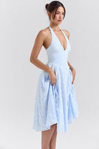 ARIETTA | Blue Jacquard Halter Midi Dress