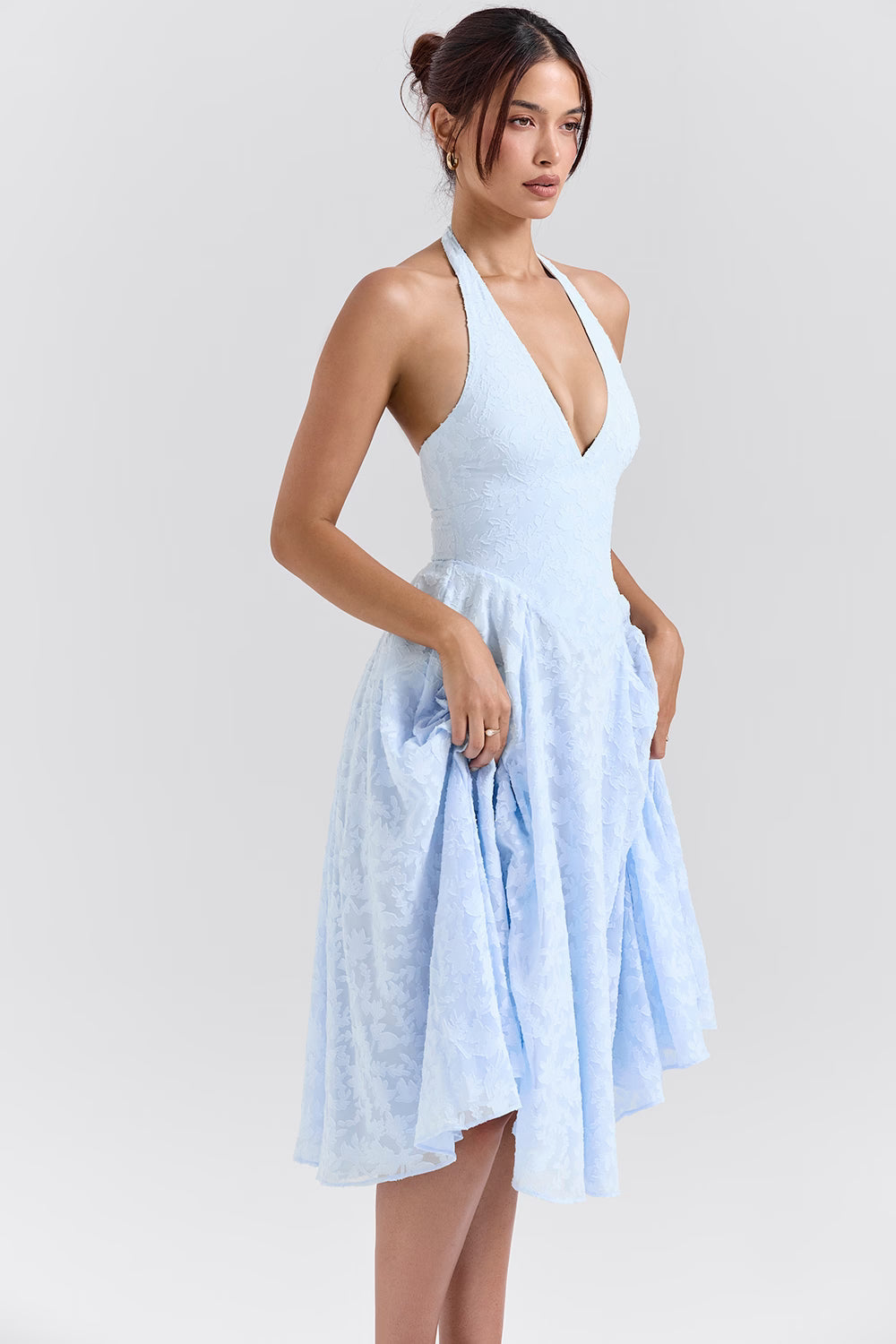 ARIETTA | Blue Jacquard Halter Midi Dress