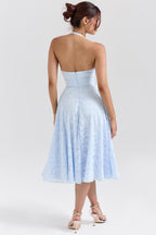 ARIETTA | Blue Jacquard Halter Midi Dress