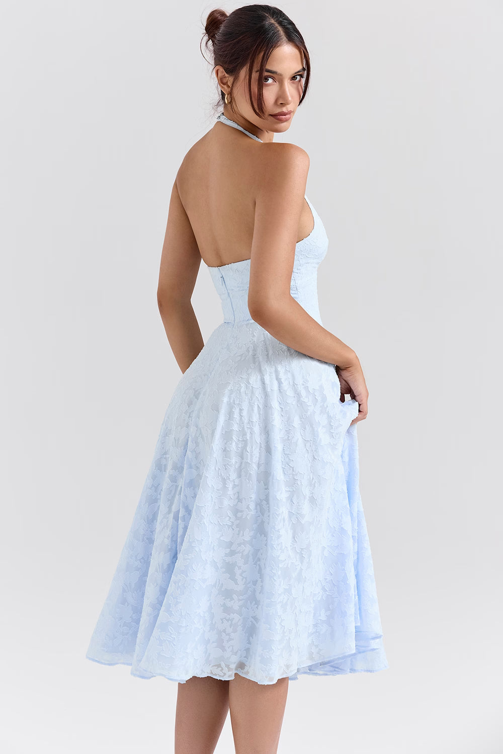 ARIETTA | Blue Jacquard Halter Midi Dress