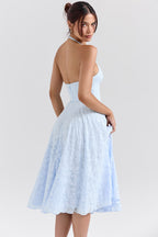ARIETTA | Blue Jacquard Halter Midi Dress