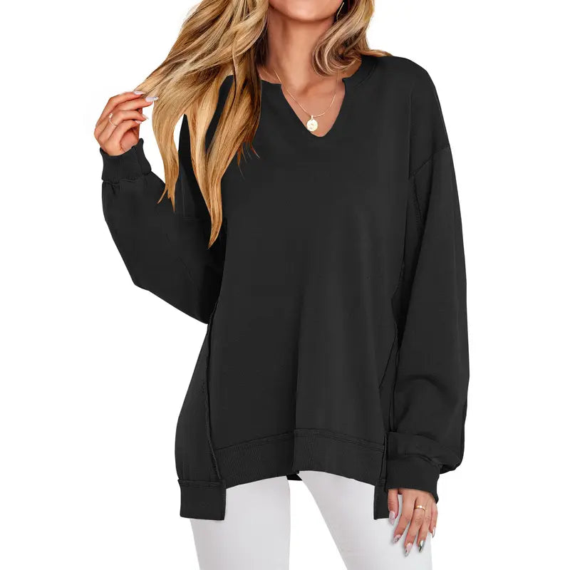 GENEVA | Casual V-Neck Oversized Sweatshirt Lightweight Long Sleeve