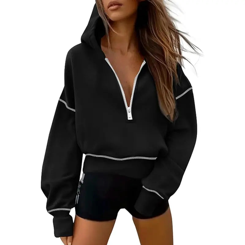 GRETEL | Stylish Hooded Sweatshirt with Zipper & Stitching Detail for Cropped Pullover