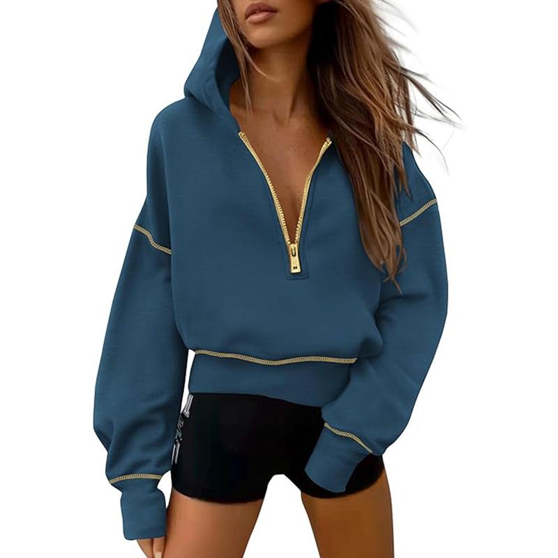 GRETEL | Stylish Hooded Sweatshirt with Zipper & Stitching Detail for Cropped Pullover