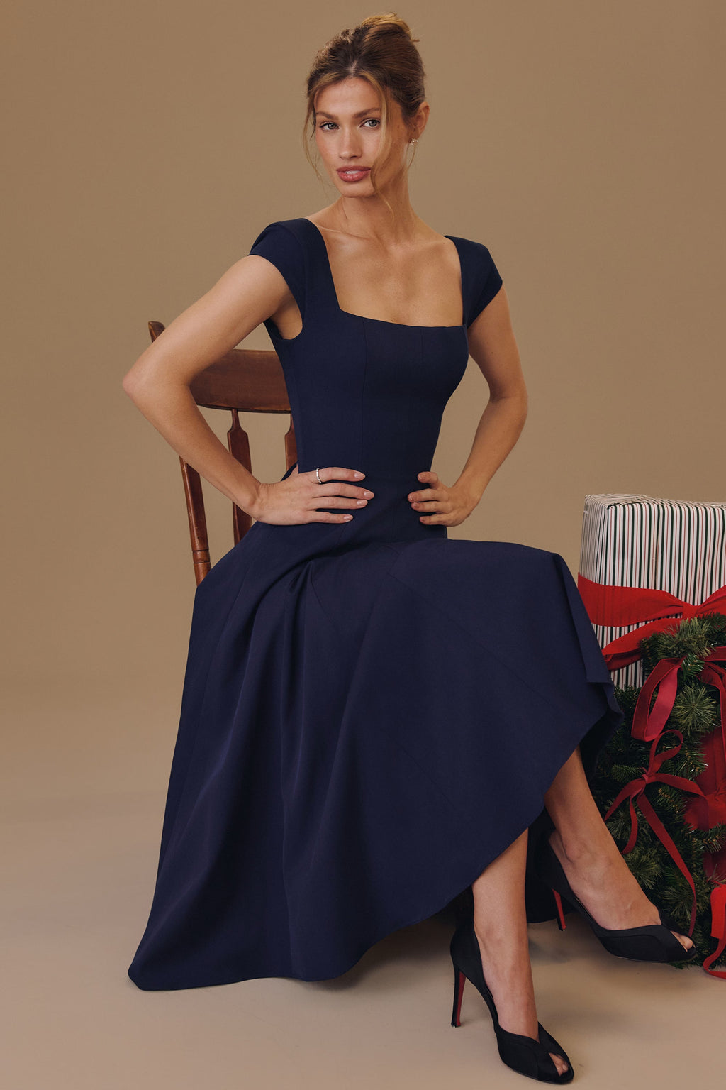 RAISA | Navy Lace-Back Corseted Midi Dress
