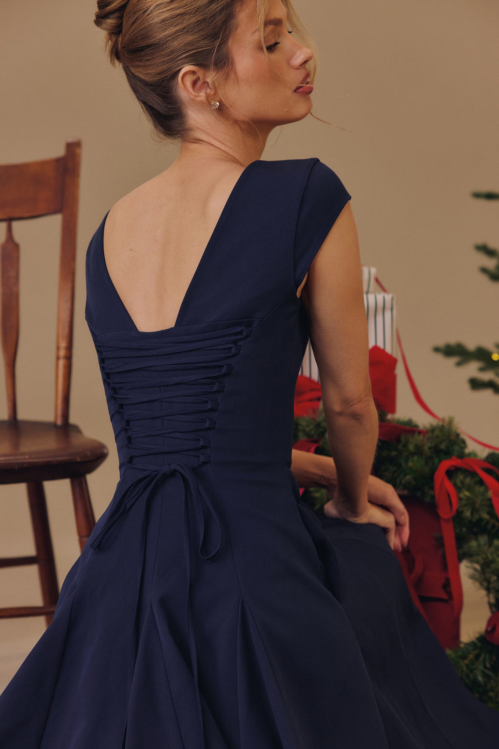 RAISA | Navy Lace-Back Corseted Midi Dress