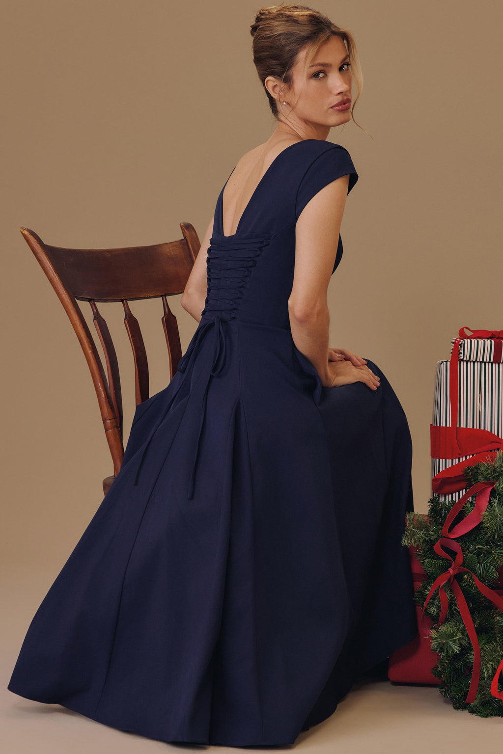 RAISA | Navy Lace-Back Corseted Midi Dress