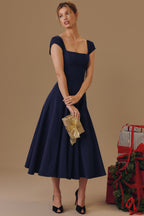 RAISA | Navy Lace-Back Corseted Midi Dress