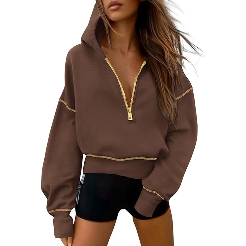 GRETEL | Stylish Hooded Sweatshirt with Zipper & Stitching Detail for Cropped Pullover