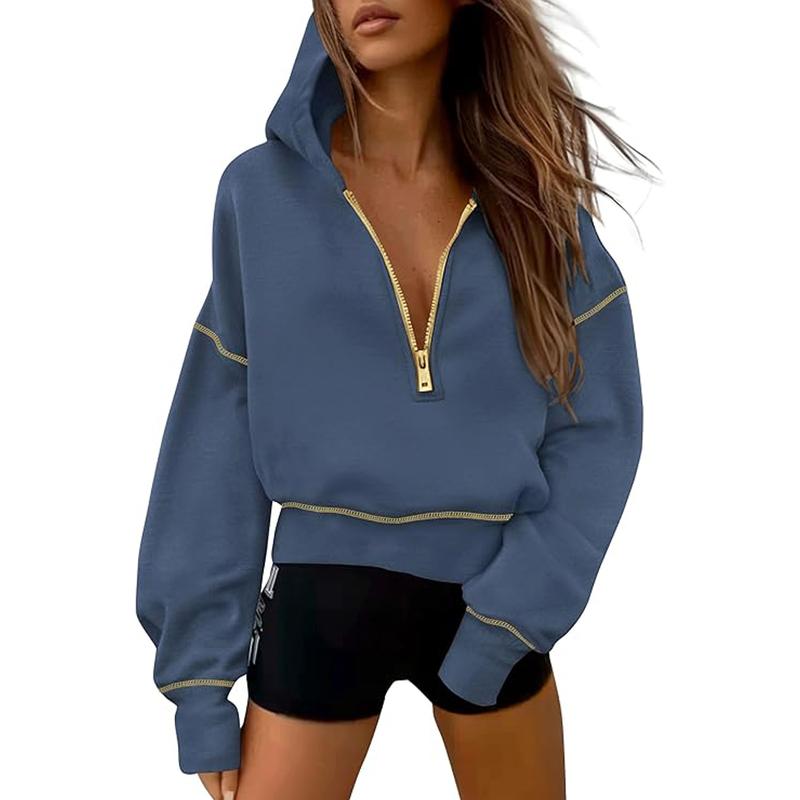 GRETEL | Stylish Hooded Sweatshirt with Zipper & Stitching Detail for Cropped Pullover