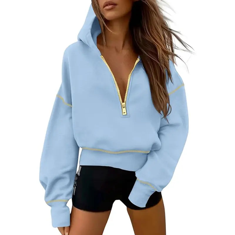 GRETEL | Stylish Hooded Sweatshirt with Zipper & Stitching Detail for Cropped Pullover