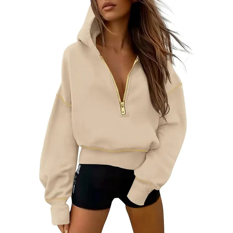 GRETEL | Stylish Hooded Sweatshirt with Zipper & Stitching Detail for Cropped Pullover