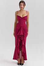 GABBI | Wine Ruffle Front Maxi Gown