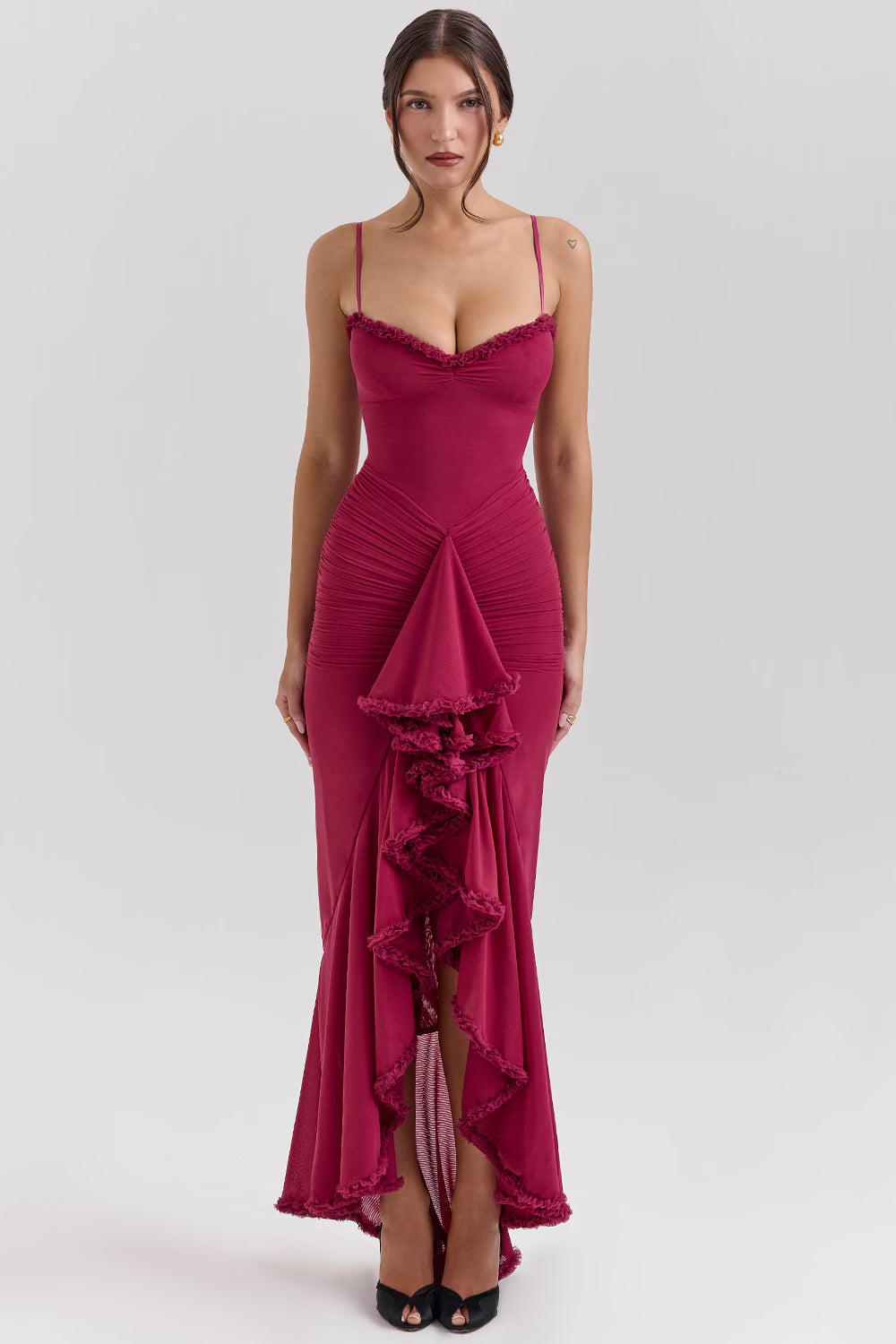 GABBI | Wine Ruffle Front Maxi Gown