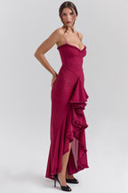 GABBI | Wine Ruffle Front Maxi Gown