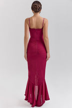 GABBI | Wine Ruffle Front Maxi Gown