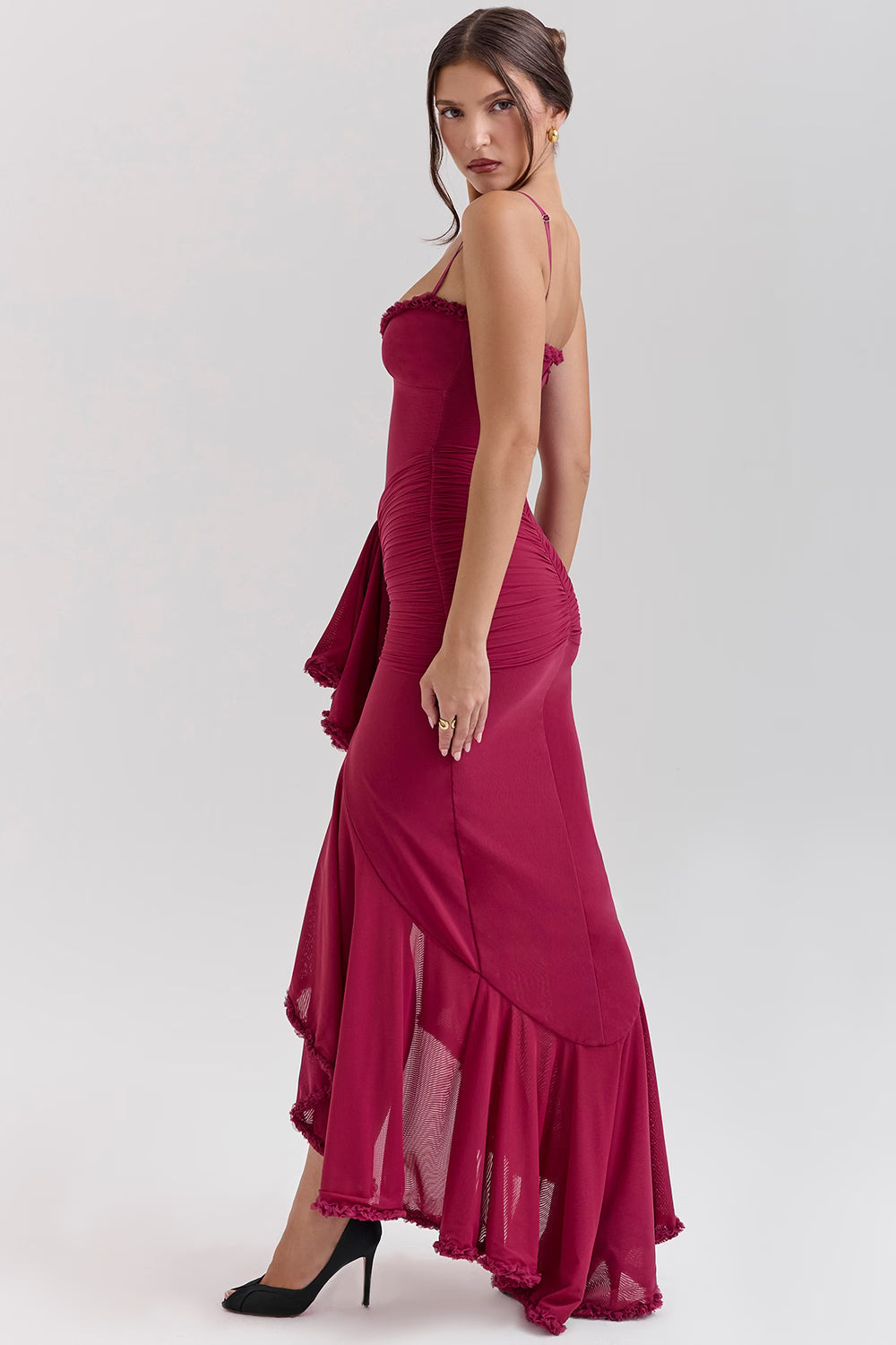 GABBI | Wine Ruffle Front Maxi Gown