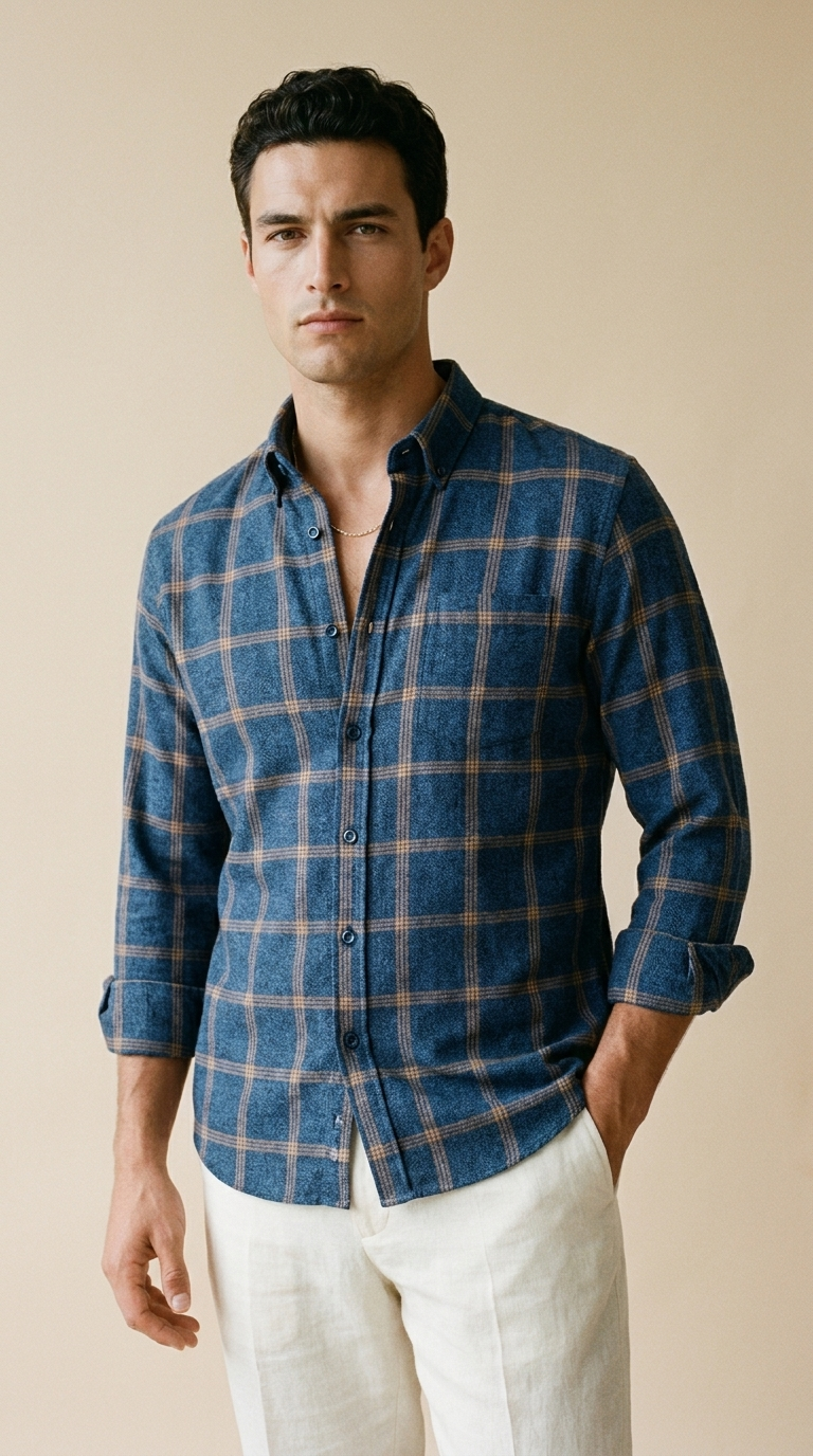 ELIAN | Brushed Cotton Check Shirt – Tailored Long Sleeve Fit