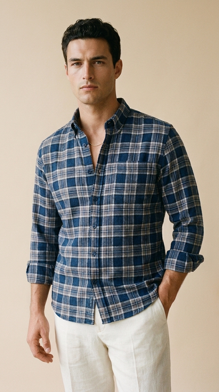 ELIAN | Brushed Cotton Check Shirt – Tailored Long Sleeve Fit