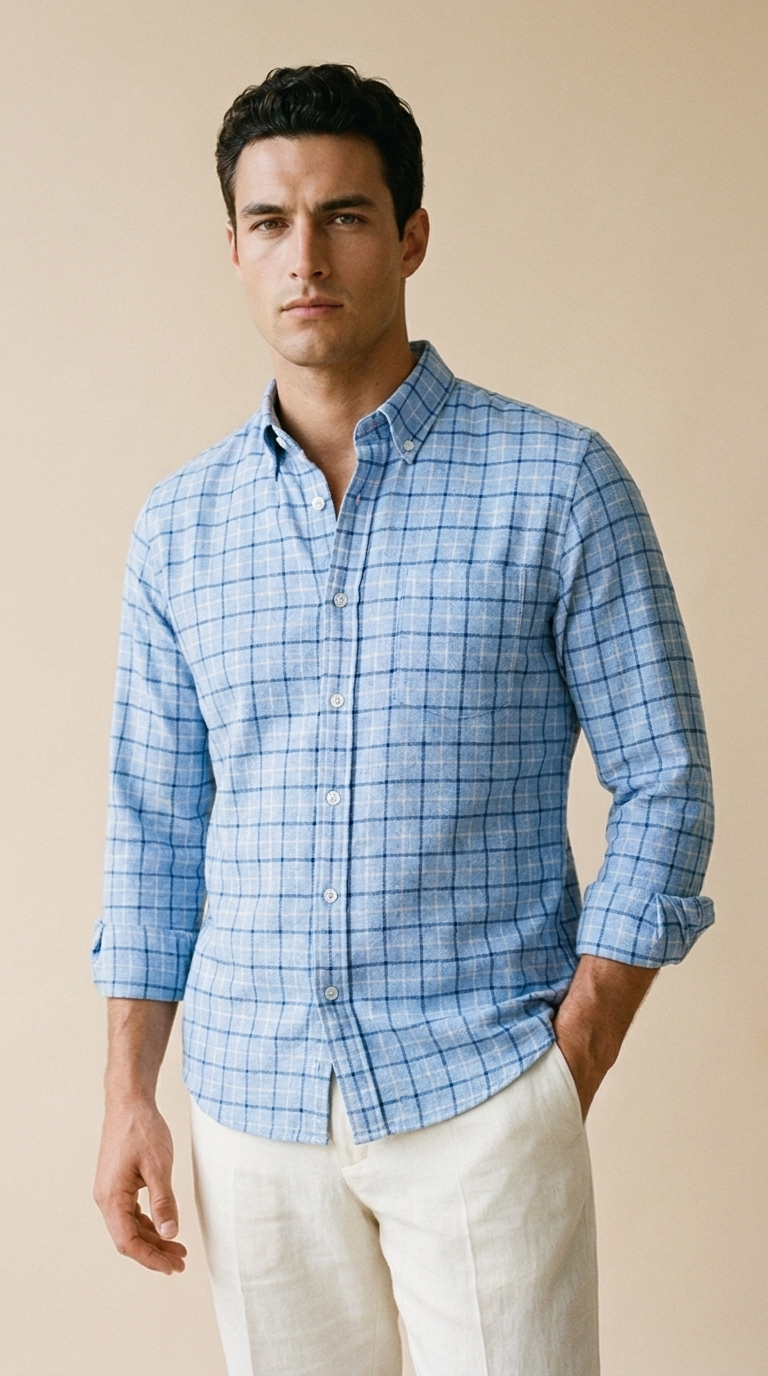ELIAN | Brushed Cotton Check Shirt – Tailored Long Sleeve Fit