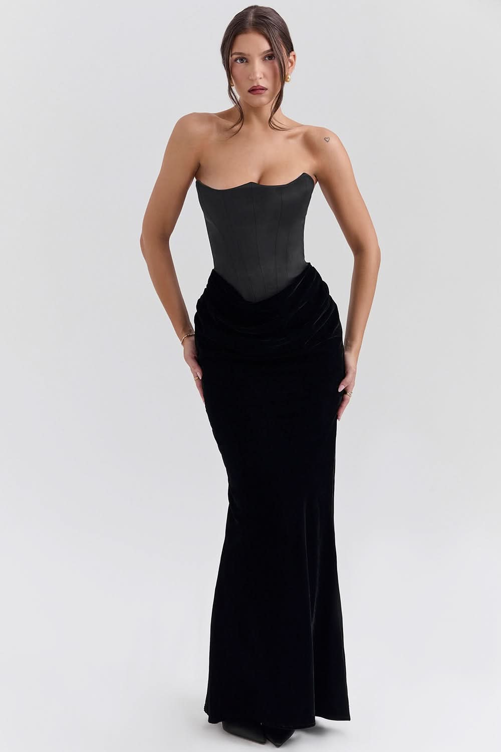 ADRIENNE | Black Satin Corset Maxi Dress