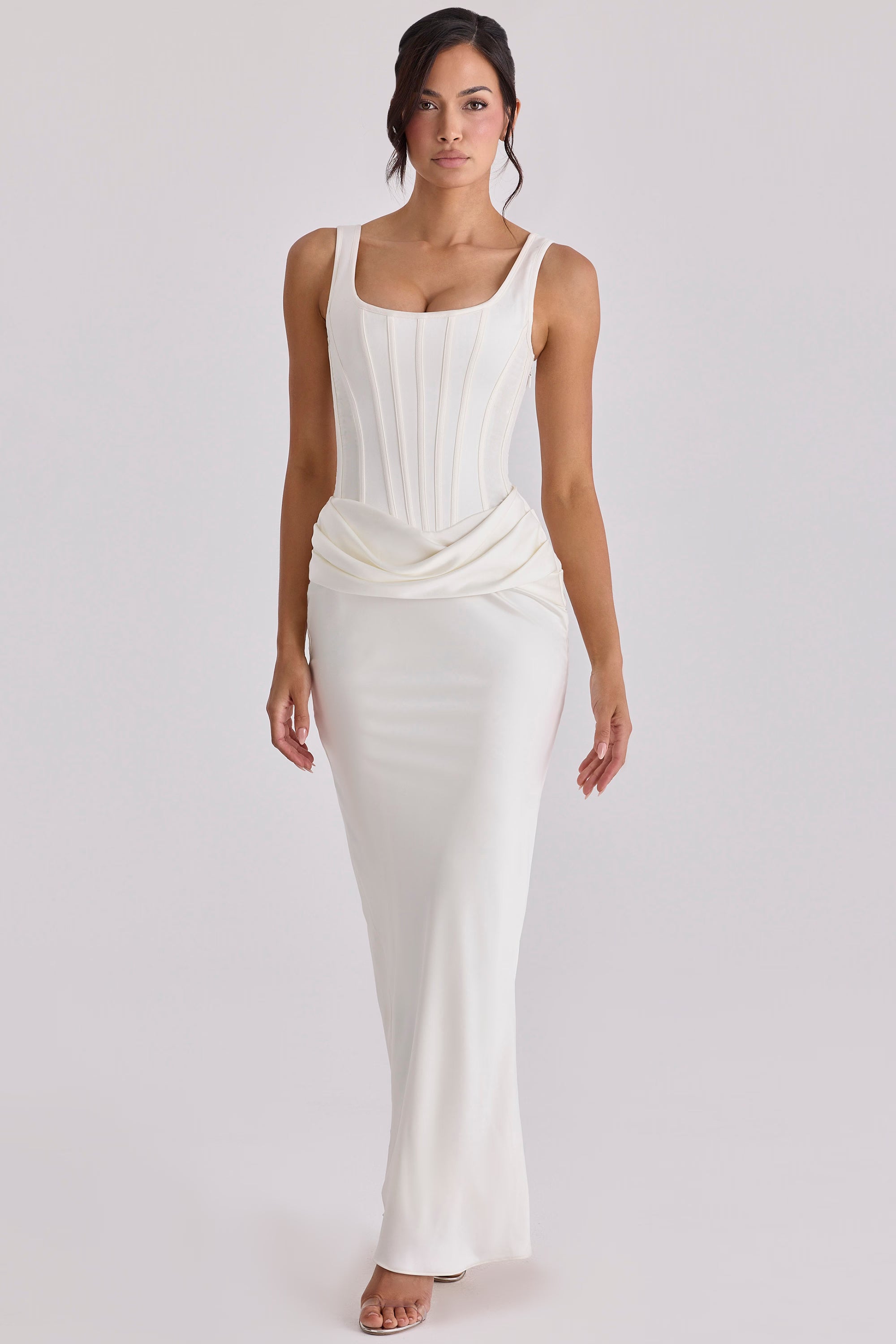 KIRA | Ivory Satin Boned Hourglass Maxi Dress