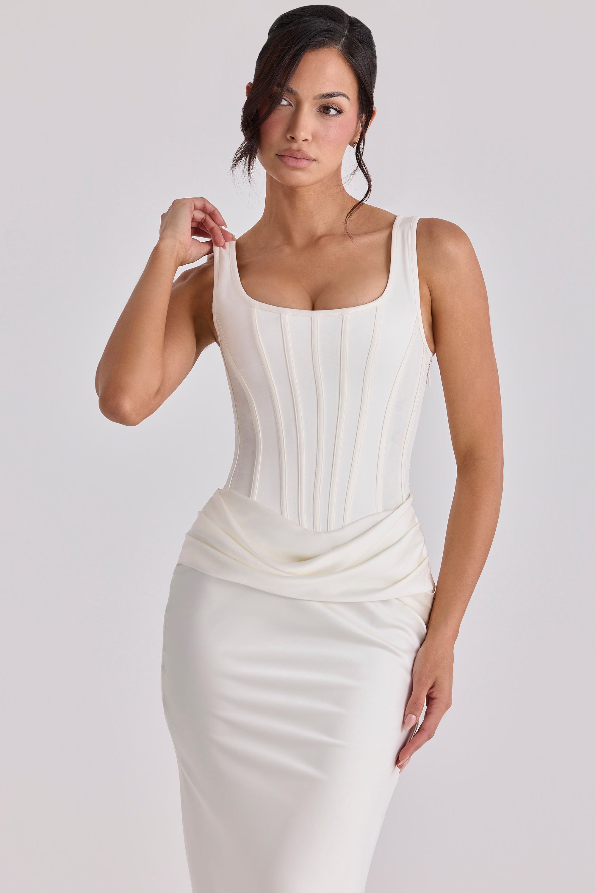 KIRA | Ivory Satin Boned Hourglass Maxi Dress