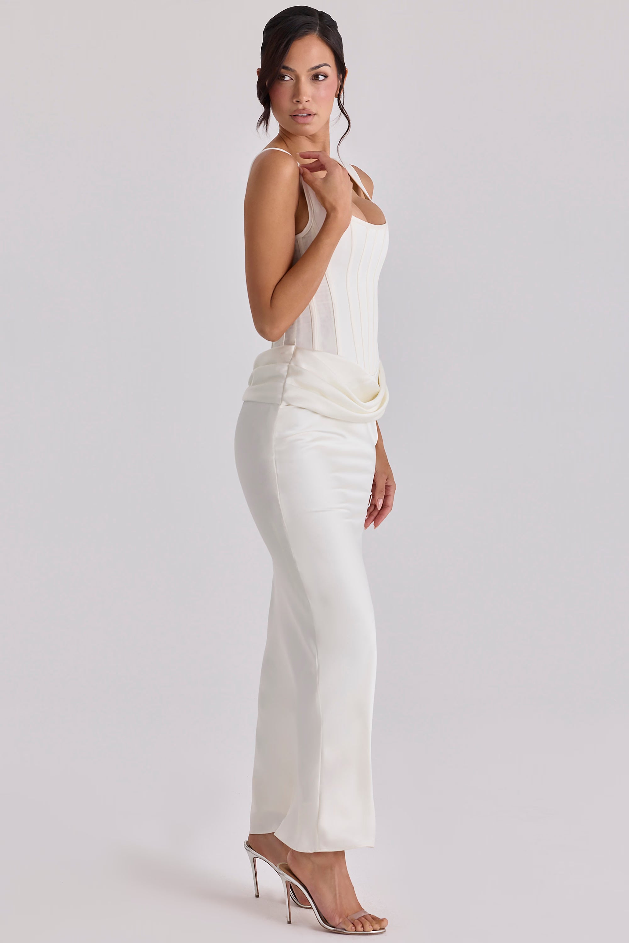 KIRA | Ivory Satin Boned Hourglass Maxi Dress