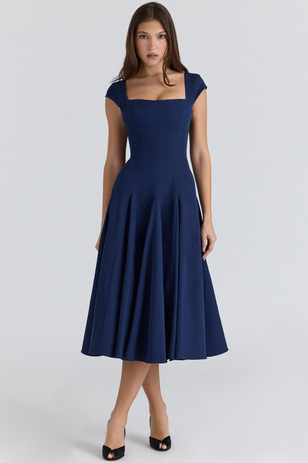 RAISA | Navy Lace-Back Corseted Midi Dress