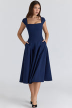 RAISA | Navy Lace-Back Corseted Midi Dress