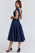RAISA | Navy Lace-Back Corseted Midi Dress