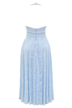 ARIETTA | Blue Jacquard Halter Midi Dress